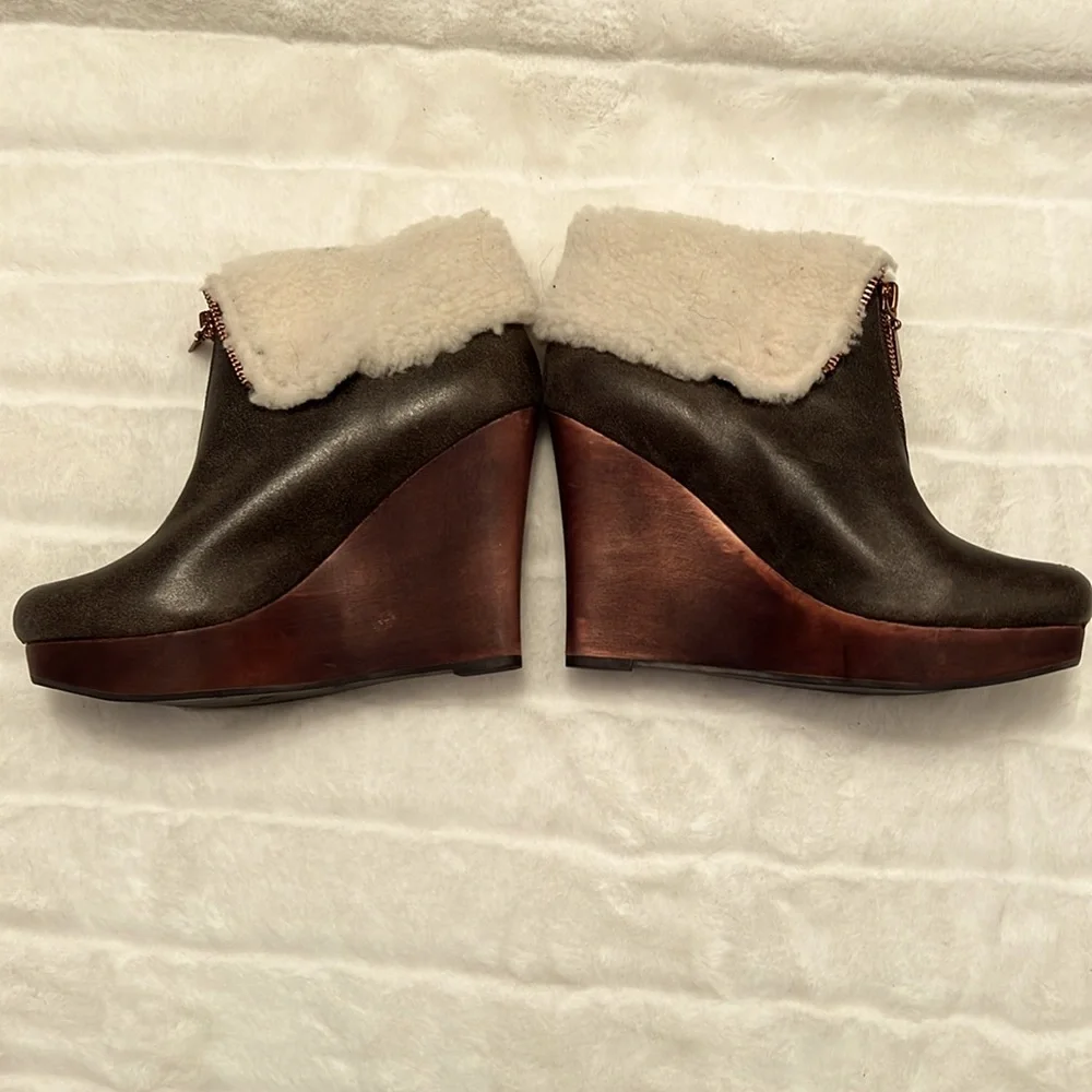 NEW Matt Bernson Brown Leather Zip Wedge Heel Bootie w/ Faux Sherpa Trim
